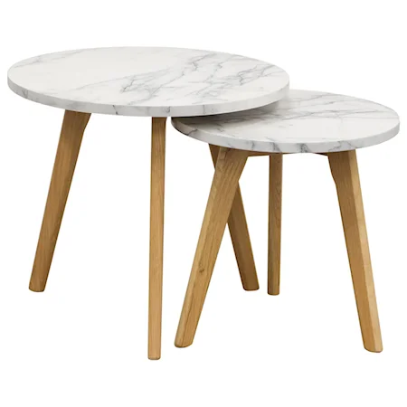 Nesting Table Set with Marble Like Finish Top and Oak Legs